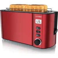 Arendo Langschlitztoaster, 1500 W, geschikt voor 4 boterhammen, met display en resterende tijdsaanduiding, 6 bruiningsgraden, broodroosteraccessoire, kruimelbak, roestvrij staal, mat rood