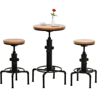 Mendler Set bartafel + 2x barkruk -N23, barkruk hoge tafel in hoogte verstelbaar draaibare voetensteun industrieel ijzer hout ~ naturel