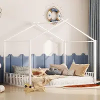 Flieks kinderbed, huisbed, 140x200 cm, bed op de grond, tweepersoonsbed voor kinderen met lattenbodem, speelbed, ijzeren bed voor kinderkamer, wit