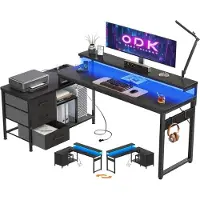 Sonstiges ODK Bureau in L-vorm met laden en LED-verlichting, 174x100 cm, gaming bureau, USB-oplaadpoort, zwart