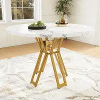 Flieks eettafel van rundleer, een lichte en luxueuze keukentafel, ronde tafel voor eetkamer en woonkamer, wit en goud
