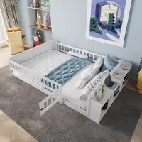 OKWISH Kinderbed 140x190 zonder matras, houten bed met open opbergruimte en planken, studentenbed met veiligheidsdeuren en een beveiligingshek, wit