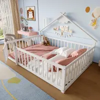 STILVORA kinderbed 140x190 in de vorm van een huis, met een afsluitbaar spijlenhek. Houten tienerbed met een sierlijst, laag bed met een veilige bescherming, zonder matras, wit