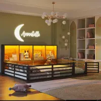 Merax kinderbed, 140x200 cm, met spijlen, LED-verlichting, grote opbergvakken, laag bed, plat bed, ijzeren bed, tienerbed, zwart