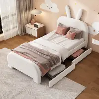 MODFU Kinderbed, gestoffeerd bed 90x200 cm met lattenbodem en twee lades, eenhoornbed voor kinderen, enkelbed met hoofdeinde in de vorm van een eenhoorn (zonder matras), pluche stof, wit