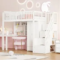Flieks stapelbed 90x200 met kledingkast, hoogslaper met opbergruimte in de trap, kinderbed met bureau en plank, etagobed wit