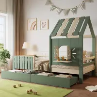 STILVORA kinderbed 90x200 met kap en raam, bed met opbergruimte, omheining en 2 lades, tienerbed in huisvorm met houten vensterbank, zonder matras, groen