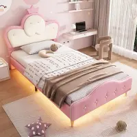 OKWISH Kinderbed, platformbed 90x200 cm met lattenbodem en LED-strips, bekleed bed voor kinderen en meisjes, roze + wit (zonder matras)