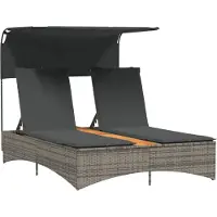 vidaXL Ligbed 2-persoons met luifel en kussens poly rattan grijs