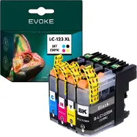 Evoke Set van 4 inktpatronen Brother LC 123 XL , 20 ml en 630 pagina's zwart , 10 ml en 600 pagina's elke kleur , LC123XL , compatibel met DCP-J132W DCP-J152W DCP-J552DW DCP-J752DW LC 123