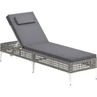 Costway Zonnebed van kunststof riet, tuinstoel met kussen, hoofdkussen en verstelbare rugleuning, weerbestendige balkonligstoel, geschikt tot 180 kg