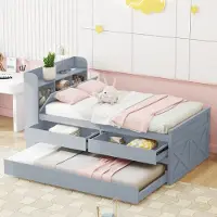 STILVORA Gestoffeerd bed 90x190, eenpersoonsbed met uitschuifbare lade, lattenbodem en nachtkastje, gastenbed met uitschuifbaar bed, grijs