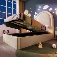 OKWISH Kinderbed, éénpersoonsbed, 90x200 cm, met lattenbodem en hoofdeinde, hydraulisch verstelbaar bed met opbergruimte (zonder matras) – PU, beige
