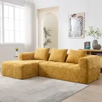 STILVORA Sectiesofa, modern L-vormig relaxsofa met armleuningen en 3 kussens, geen installatie nodig, zijvak voor afstandsbediening, geel