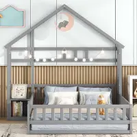 OKWISH studentenbed 140x200, kinderbed met matras en opbergruimte, bedframe met lattenbodem, huisvormig bed met spijlen, inclusief nachtkastjes, grijs