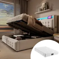 MODFU Gestoffeerd Bed met Opbergruimte – 140x200 cm – Knoopdetails & LED – Inclusief Matras – Katoen-Linnen – Beige