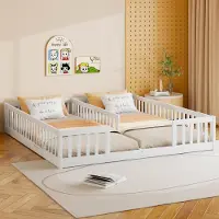 Merax kinderbed, 2 stuks, 90x200 cm, massief houten bed met spijlen, lattenbodem, grenenhout, laag bed, vlak bed, tienerbed, wit