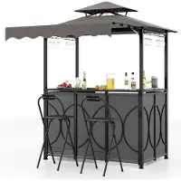 Costway 3-delige grillkoepel met bar en 2 barkrukken, tuinkapel met dubbel dak en luifel, weerbestendige grilloverkapping, 193x117x240cm, grijs