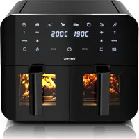 Arendo heteluchtfriteuse XXL, met dubbele kamer, duale zone, airfryer van 9 liter met 2 compartimenten, kijkvenster met verlichting, 8 programma's, touchscreen, 3D circulatiesysteem