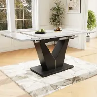 STILVORA 99-159×75cm Eettafel, uitschuifbaar, keukentafel met breed werkblad, modern marmerpatroon, rechthoekig, van metaal, wit/zwart