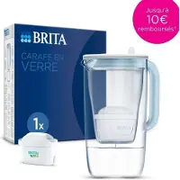 Brita waterkan van glas, model One, blauw, met een totale inhoud van 2,5 liter, waarvan 1,5 liter gefilterd water. Inclusief 1 Maxtra Pro All-In-1 filterpatroon