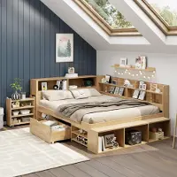 MODFU Kinderbed 140x200 met opbergruimte, houten bed met uitschuifbaar nachtkastje, multifunctioneel stapelbed voor kinderen met planken en lades, inclusief matras, natuurlijke materialen
