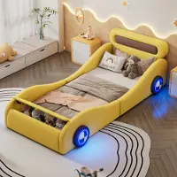 STILVORA Kinderbed 90x200, tienerbed in autovorm met lichtgevende wielen en opbergruimte, enkelbed van PU, geel (zonder matras)