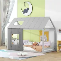 Ulife Kinderbed met design, inclusief dak en raam – een "kamer in een kamer" als speelparadijs | 90x200 cm, donkergrijs + lichtgrijs