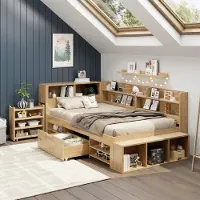 MODFU Kinderbed 90x200 met opbergruimte, houten bed met uitschuifbaar nachtkastje, multifunctioneel bed met opbergruimte voor kinderen, met planken en lades, inclusief matras, natuurlijke materialen