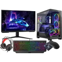 VIST Gaming PC Stellar, uitgerust met een Ryzen 7 5700X processor, RTX 5060 grafische kaart, 32GB geheugen, een 1TB SSD, Wi-Fi 6, Bluetooth 5.3, een 24-inch LCD-scherm met 180Hz, en Windows 11 Pro