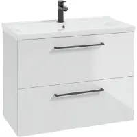 Stamar Badkamerkast Wit 80cm + Wastafel met hoogglanzende zwarte handgrepen, complete set