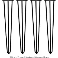 Monster 4 x 71cm Hairpin retro pootjes tafelpoten pinpoten - 3 staven - 12mm - zwart
