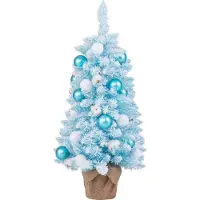 Costway Mini kunstkerstboom, 90 cm, kleine kerstboom met sneeuw, 136 punten, 12 wattenbolletjes, 24 kerstballen en een cementen voet, blauw