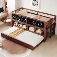 Fortuna Lai kinderbed, huisbed 90x200, uitschuifbaar kinderbed, met graffiti-bord, met open opbergruimte, met klimladder, massief houten kinderbed met etage, zonder matras, bruin