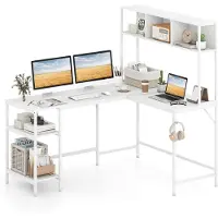 Costway Bureau, hoekbureau met boekenkast, 2 opbergvakken en haakjes voor koptelefoons, 150x120cm gaming bureau, computerbureau van hout, werkplek, wit