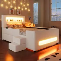 Flieks verstelbaar bed 90x200 cm, bekleed met kunstleer, kinderbed/éénpersoonsbed met lade en een trap met twee treden, kinderbed met valbeveiliging, PU, wit