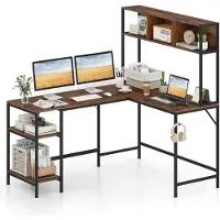 Costway Bureau, hoekbureau met boekenkast, 2 opbergvakken en haakjes voor koptelefoons, 150x120cm gaming bureau, computerbureau van hout, werkplek, bruin