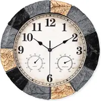 Sensahome Wandklok YS1002 – Waterdichte Steenlook Resin Buitenklok – Ronde Outdoor Klok – Ø33cm – Grijs