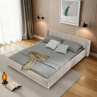 Sweiko tweepersoonsbed 160x200 cm, chenillestof, comfortabele rugleuning, stevig frame van eucalyptus en ijzer, eenvoudig te monteren, beige (zonder matras)