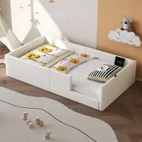 Flieks verstelbaar bed met opbergruimte, 90x200 cm, kinderbed/éénpersoonsbed met valbeveiliging en lattenbodem, vloerbed/speelbed, PU, wit