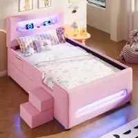STILVORA Jugendbed 90 x 200 cm, platformbed met trap, lades, LED-verlichting, USB-poorten en opbergzakken, roze