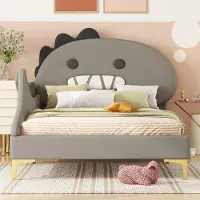 Sweiko kinderbed, 90x200 cm, met cartoon-dinosaurusprint, laag model, gemaakt van Polyurethanmateriaal, grijs