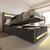 Sweiko -Gestoffeerd kinderbed 90x200cm met LED-verlichting en USB-aansluiting- met hydraulische opberging- eenpersoonsbed- linnen stof grijs- zonder matras