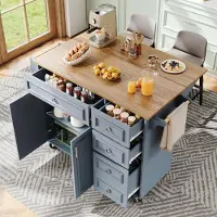 OKWISH Keukenmeubel dat kan worden gebruikt als een afneembare serveerwagen, een keukenwagen met wielen en een vintage design, een multifunctionele eettafel met opbergruimte, blauw