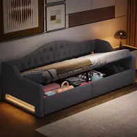 OKWISH Uitschuifbaar bed 90x200, dagbed met 7 kleuren instelbare LED-verlichting en opbergruimte onder het bed, kinderbed met houten frame, bijzetbed zonder matras, grijs