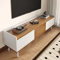 OKWISH TV-kast met een combinatie van kleuren, TV-meubel met een compact ontwerp en een natuurlijke houten afwerking, mediameubel met drie deuren, Wit + Natuurlijk