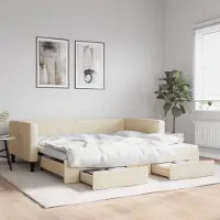 Prolenta Maison Exclusive - Uittrekbaar dagbed met lades, crème kleur, 100x200 cm, stof