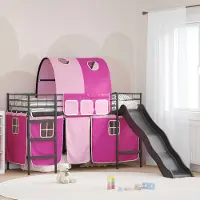 Prolenta Maison Exclusive - Stapelbed voor kinderen met gordijnen, uni, zwart en roze, metalen frame
