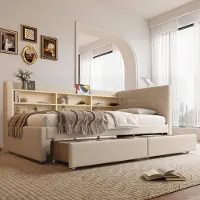 Sweiko Daybed, 90x200 cm, dagbed, slaapbank, met 2 lades, USB- en Type C-aansluitingen, diverse opbergvakken, bed met lattenbodem (zonder matras), linnen, beige