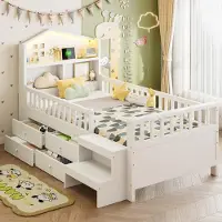 Merax Kinderbed, huismodel, 90x200 cm, met LED-verlichting en 4 lades, massief houten bed met lattenbodem en veiligheidshek, eenpersoonsbed met trap en USB-aansluiting, wit